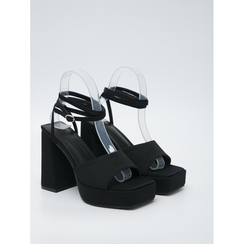 Platforms | Black Pu Strap Detail Flare Platform Heeled Sandals  – Womens Peep Toe Shoes Black