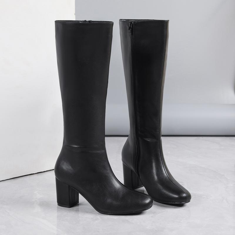 Platforms | Black Slight Platform Block Heel Square Toe Knee Boots  – Womens Platforms Black