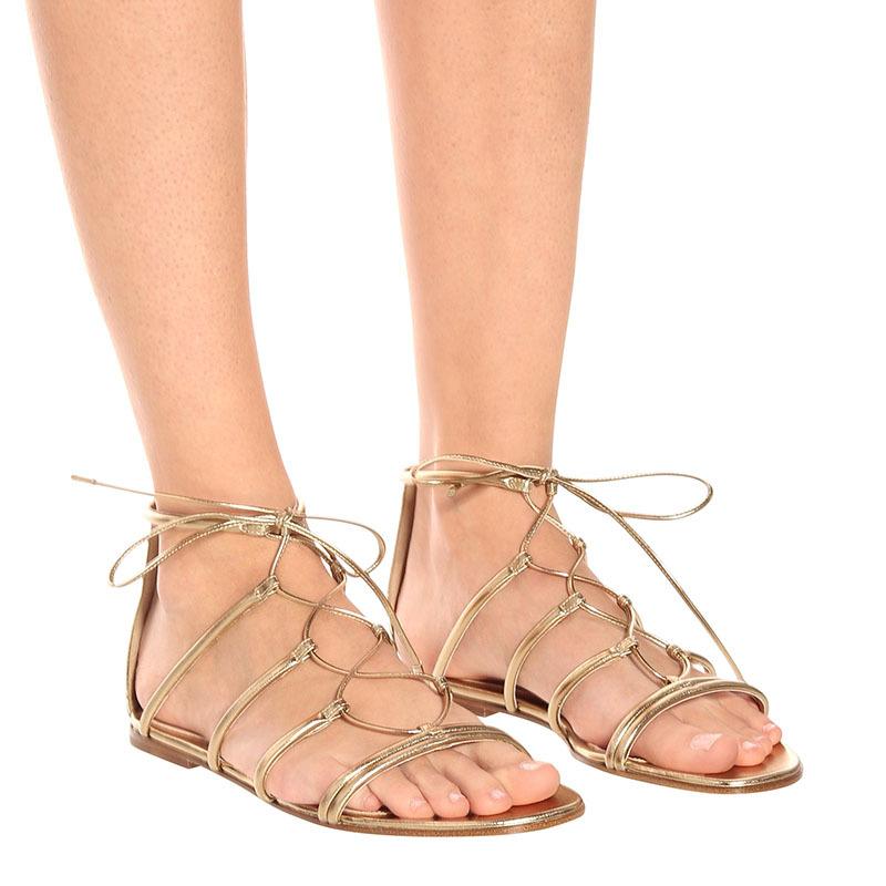 Sandals | Gold Metallic Real Leather Square Toe Knotted Strap Tie Up Sandals  – Womens Sandals Gold