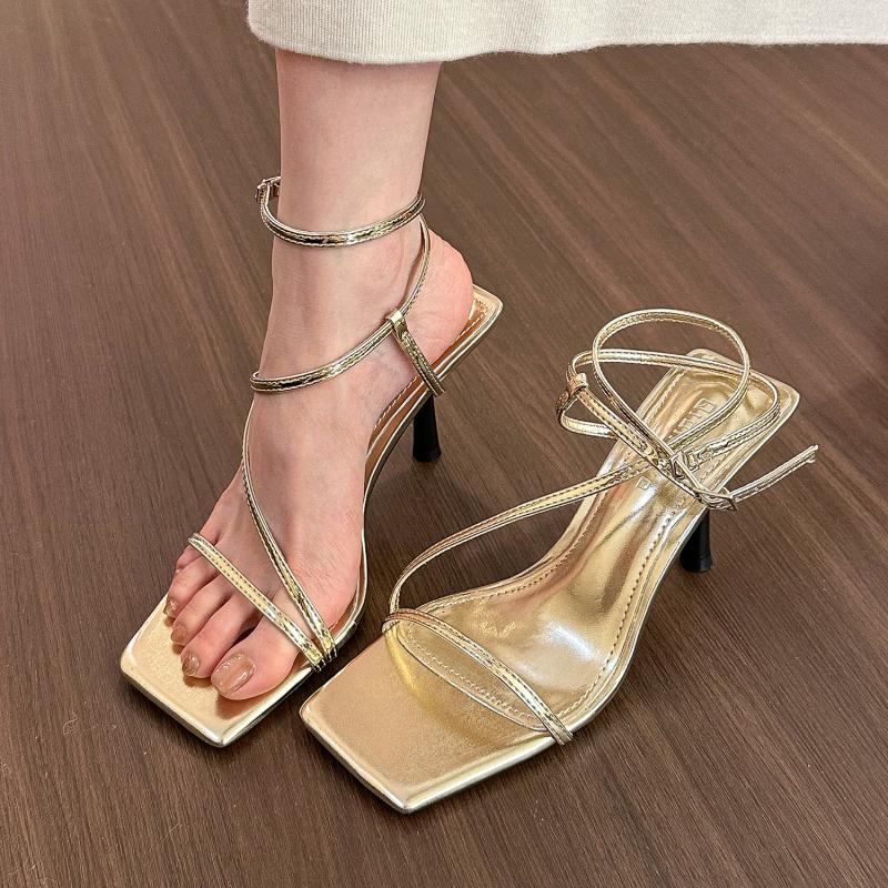 Sandals | Silver Metallic Pu Square Toe Asymmetric Strap Barely There Heeled Sandals  – Womens Heels Heels