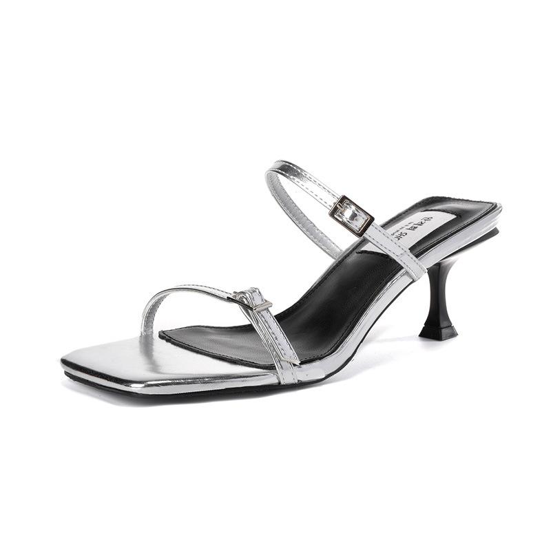 Sandals | Silver Metallic Pu Square Toe Barely There Buckle Heel Sandals  – Womens Sandals Sandals