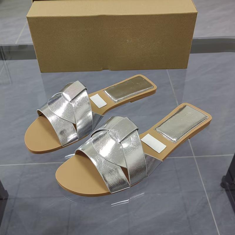 Sandals | Silver Metallic Round Toe Real Leather Strap Mule Flat Sandals  – Womens Flats Flats