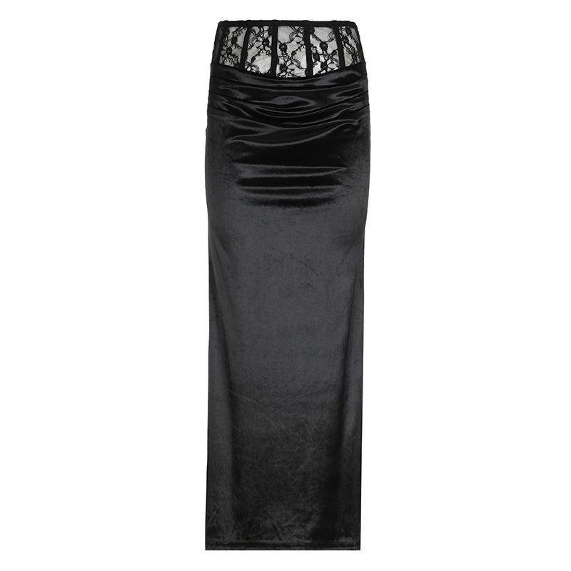 Skirts | Black Lace Trim Satin Maxi Skirt  – Womens Clothing Black