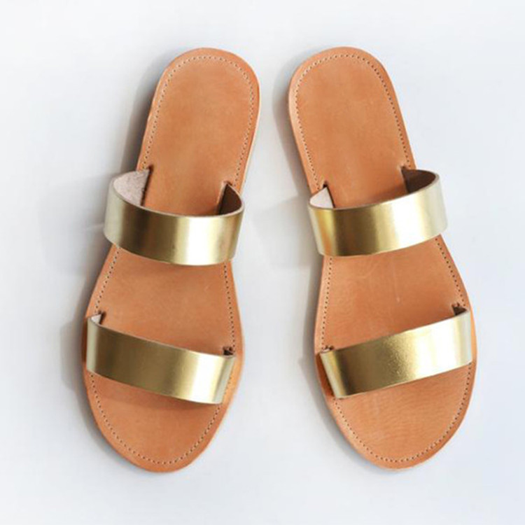 Sliders | Gold Twin Strap Basic Leather Sandals  – Womens Sandals Gold