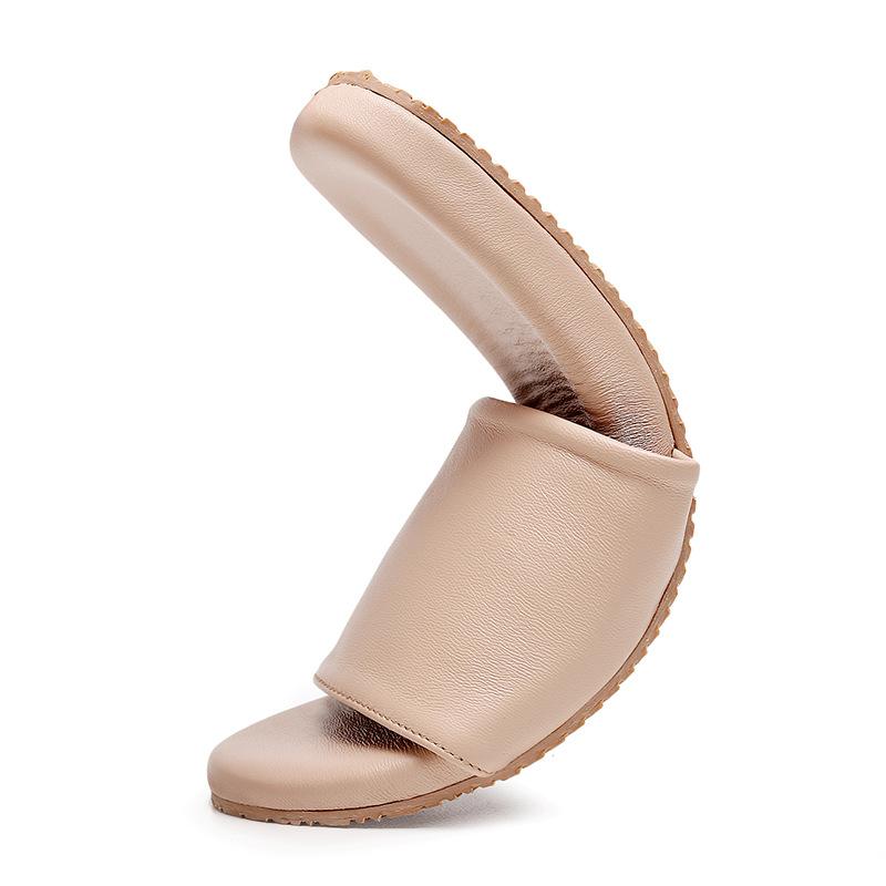 Sliders | Taupe Pu Round Toe Padded Velcro Strap Slider Flat Sandals  – Womens Flats Flats