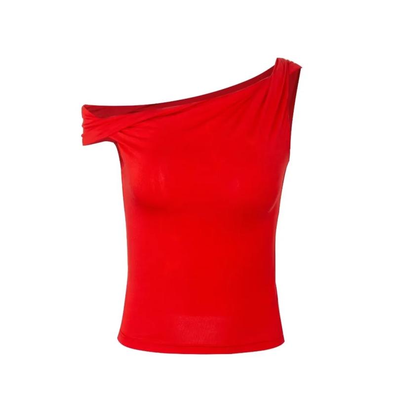 Tops | Cherry Red Asymmetric Neck Mesh Top  – Womens Clothing Cherry Red