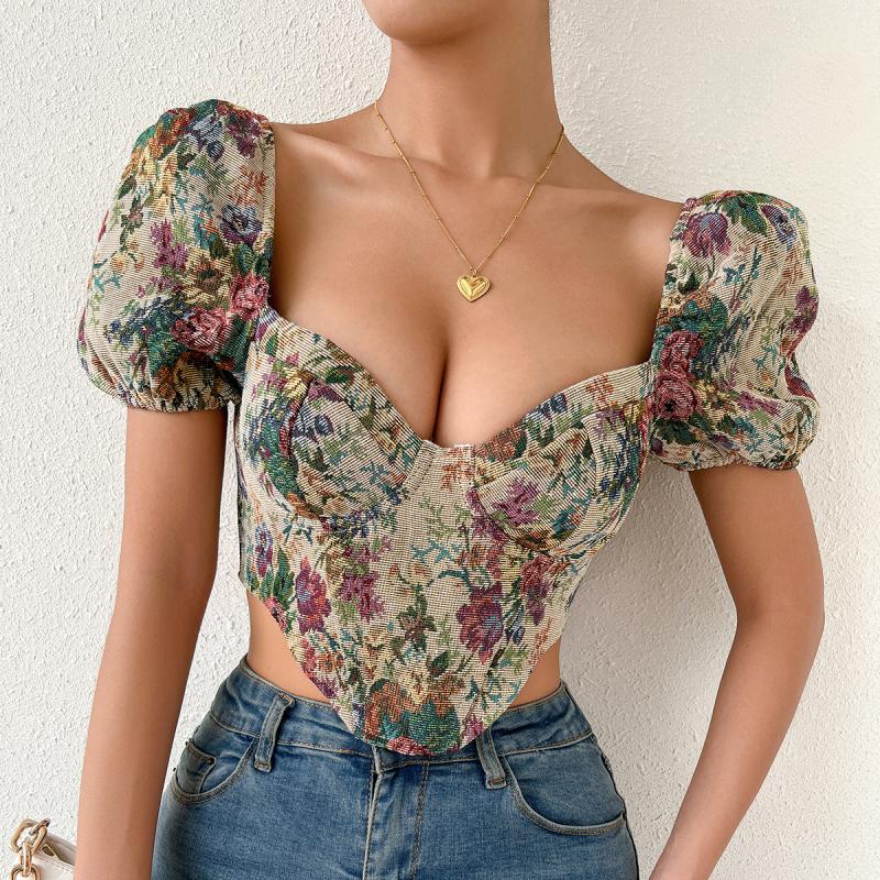 Tops | Multi Jacquard Floral Puff Sleeve Crop Top  – Womens Clothing Multi