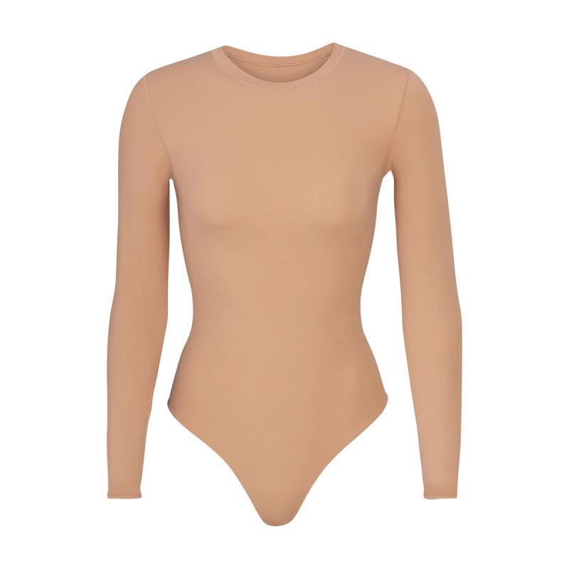 Tops | Shape Taupe Cotton Long Sleeve Crew Neck Bodysuit  – Womens Clothing Taupe