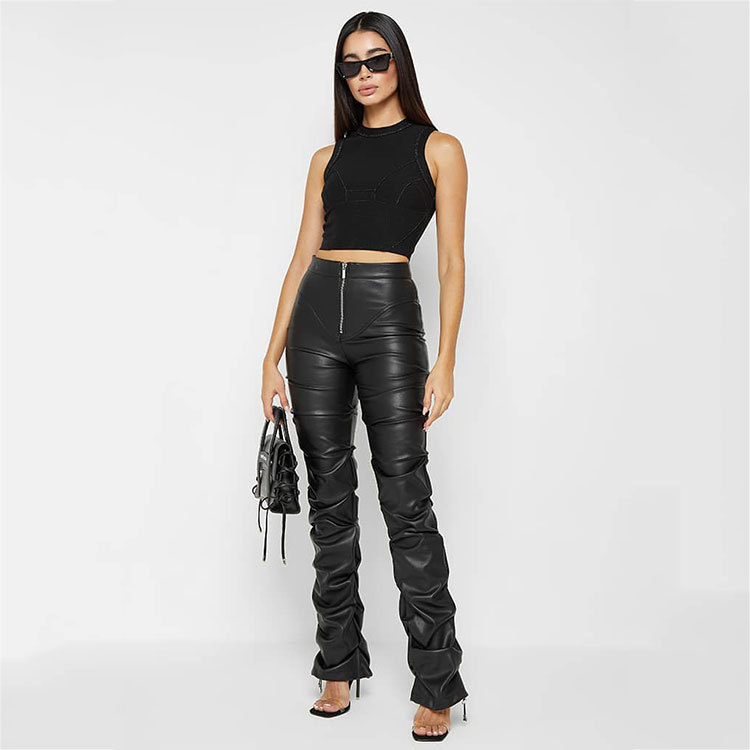 Trousers | Black Faux Leather Dart Pocket Straight Leg Trousers  – Womens Clothing Black