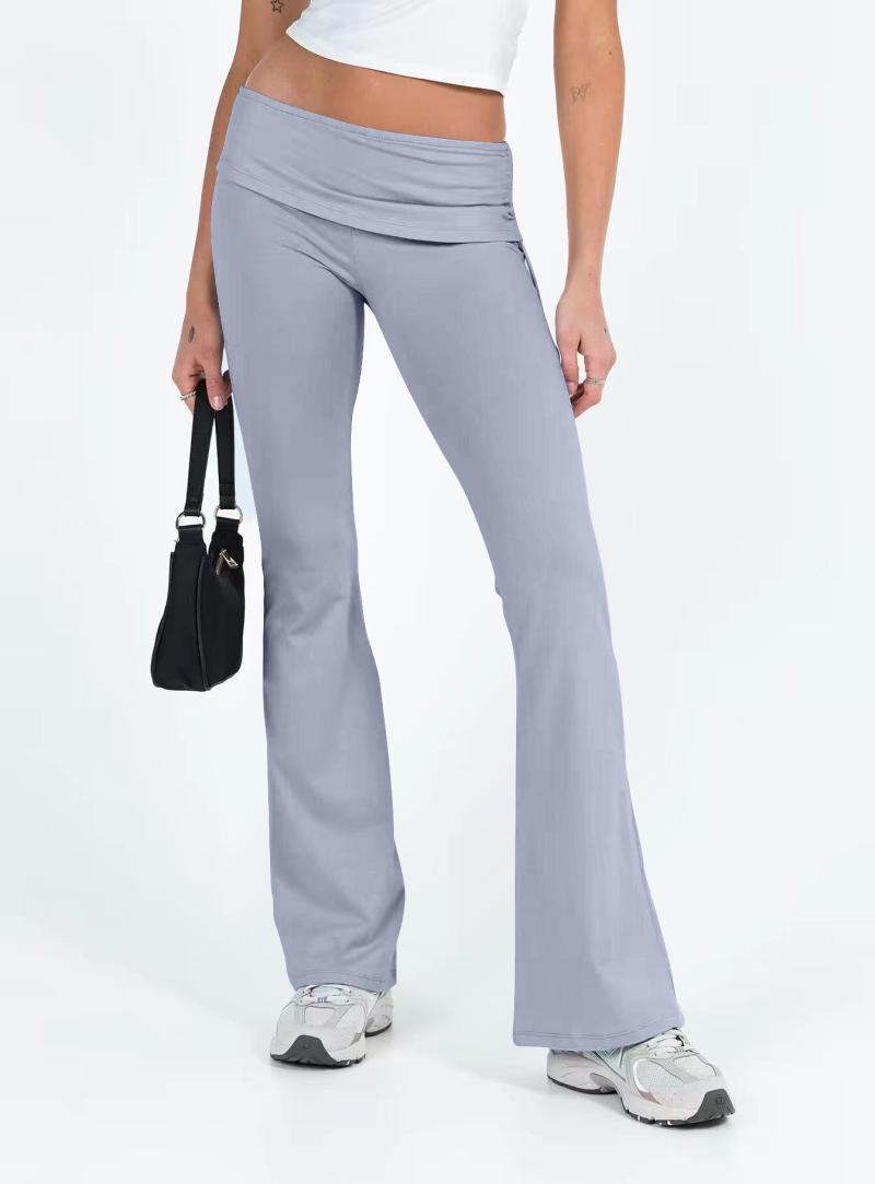 Trousers | Light Grey Rib Foldover Low Rise Flared Trousers  – Womens Clothing Light Grey