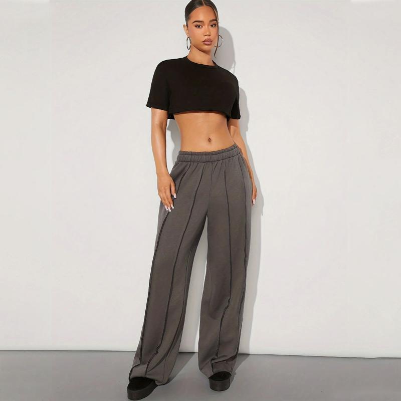 Trousers | Prettylittlething Shape Khaki Wide Leg Seam Detail Joggers  – Womens Clothing Khaki