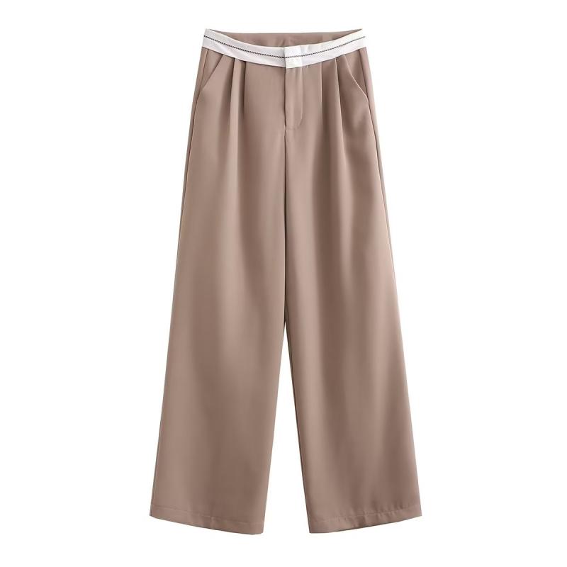 Trousers | Taupe Contrast Double Waistband Tailored Straight Leg Trousers  – Womens Clothing Taupe