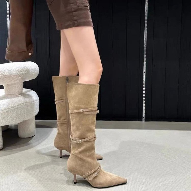 Wide Fit Shoes | Beige Wide Fit Faux Suede Calf High Buckle Low Heeled Boots  – Womens Shoes Beige