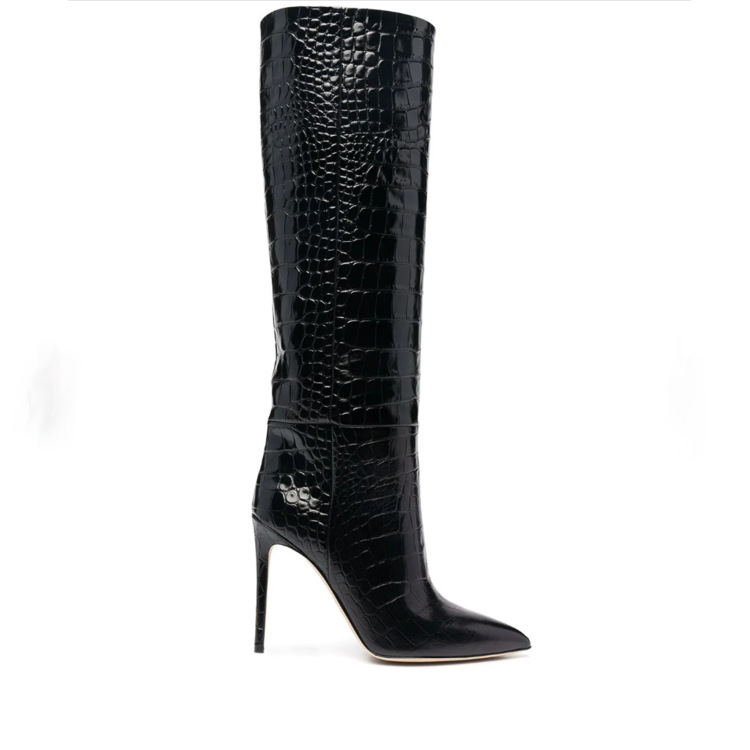 Wide Fit Shoes | Black Wide Fit Pu Croc Point Toe High Stiletto Heeled Knee Boots  – Womens Heels Black