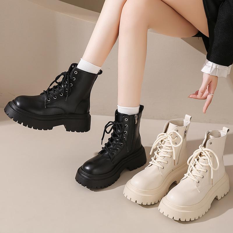 Wide Fit Shoes | Ecru Wide Fit Pu Chunky Platform Lace Up Ankle Boots  – Womens Platforms Ecru