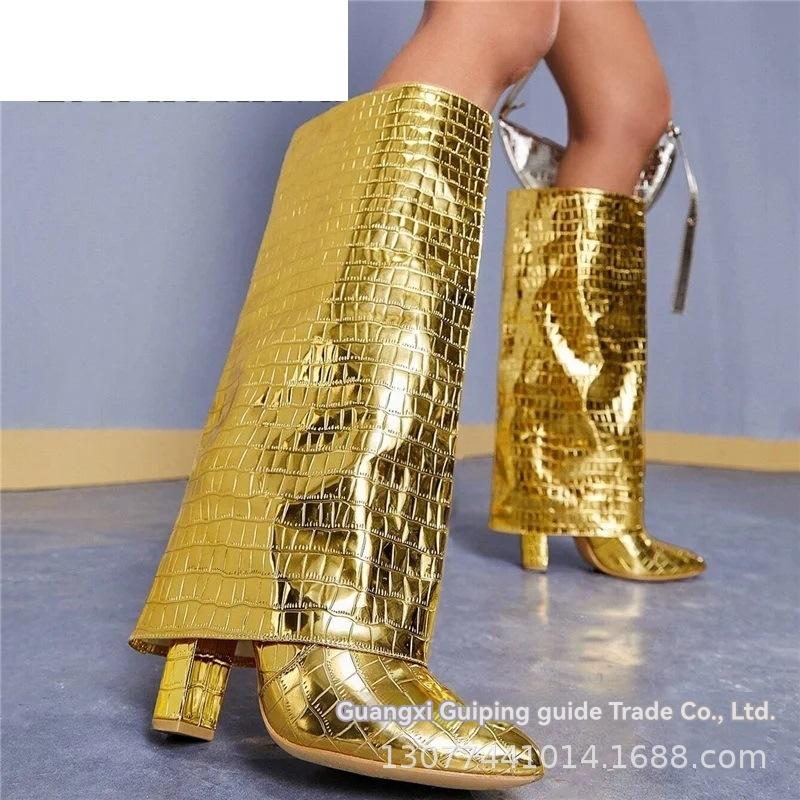 Wide Fit Shoes | Gold Wide Fit Metallic Point Toe Croc Block High Heeled Knee Boots  – Womens Shoes Gold