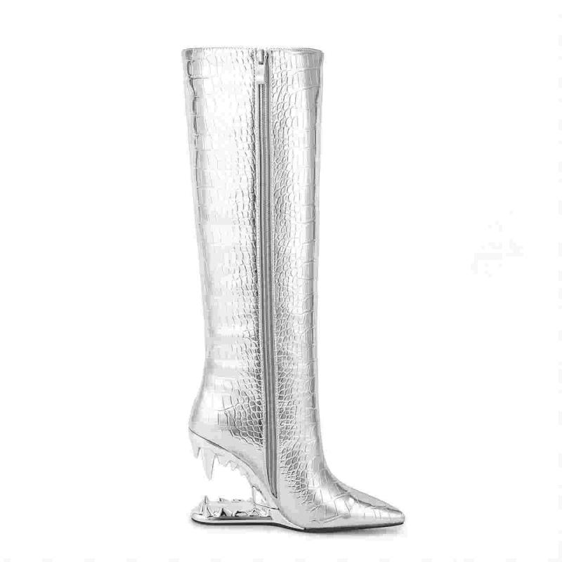 Wide Fit Shoes | Silver Wide Fit Metallic Point Toe Croc Block High Heeled Knee Boots  – Womens Shoes Silver