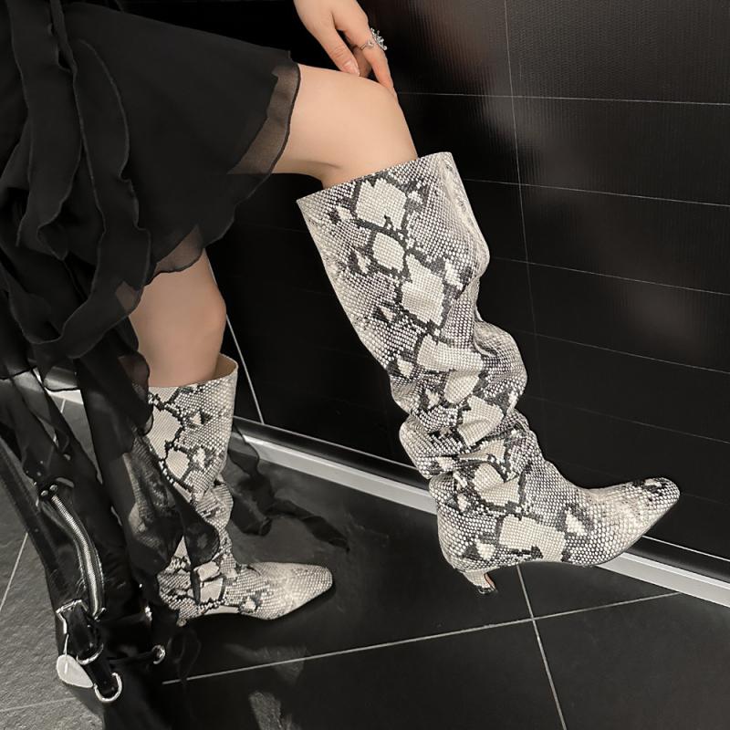 Wide Fit Shoes | Snake Print Pu Wide Fit Gathered Low Heel Knee High Boots  – Womens Shoes Multi